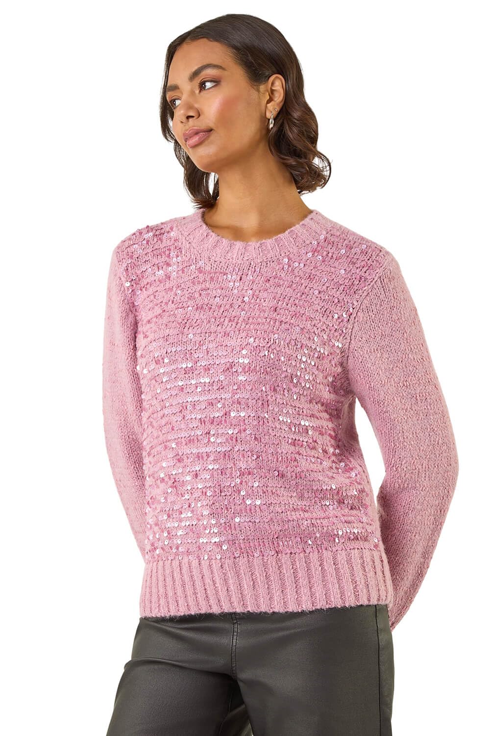 Roman Women's Pink Sequin Crew Neck Knit Jumper In | Size: 20