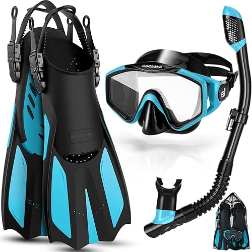 Odoland Snorkel Set, Adults Kid Snorkeling Packages with Dry Top Diving Mask, Adjustable Swim Fins, Mesh Bag, Anti-Fog Anti-Leak Snorkeling Gear for