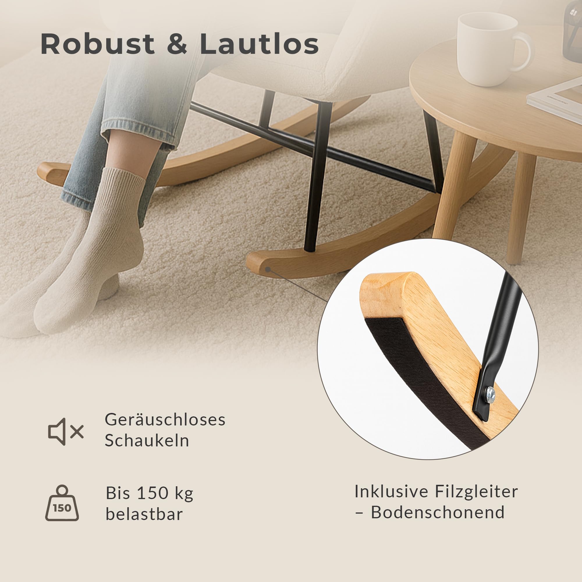 Allyson Schaukelstuhl Weiß – Flauschiger Relaxsessel & Lesesessel mit Holz-Armlehnen – Moderner Stillsessel für Wohnzimmer, Balkon & Indoor - Weiß