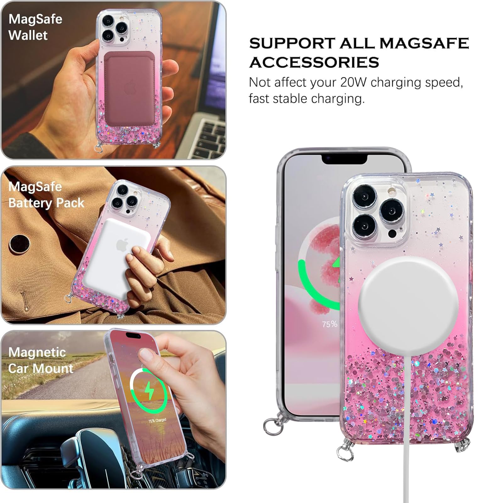 IPhone 15 Handyhülle Mit Verstellbarem Band – Glitzer-Design Mit 3D-Schleife & Stoßschutz