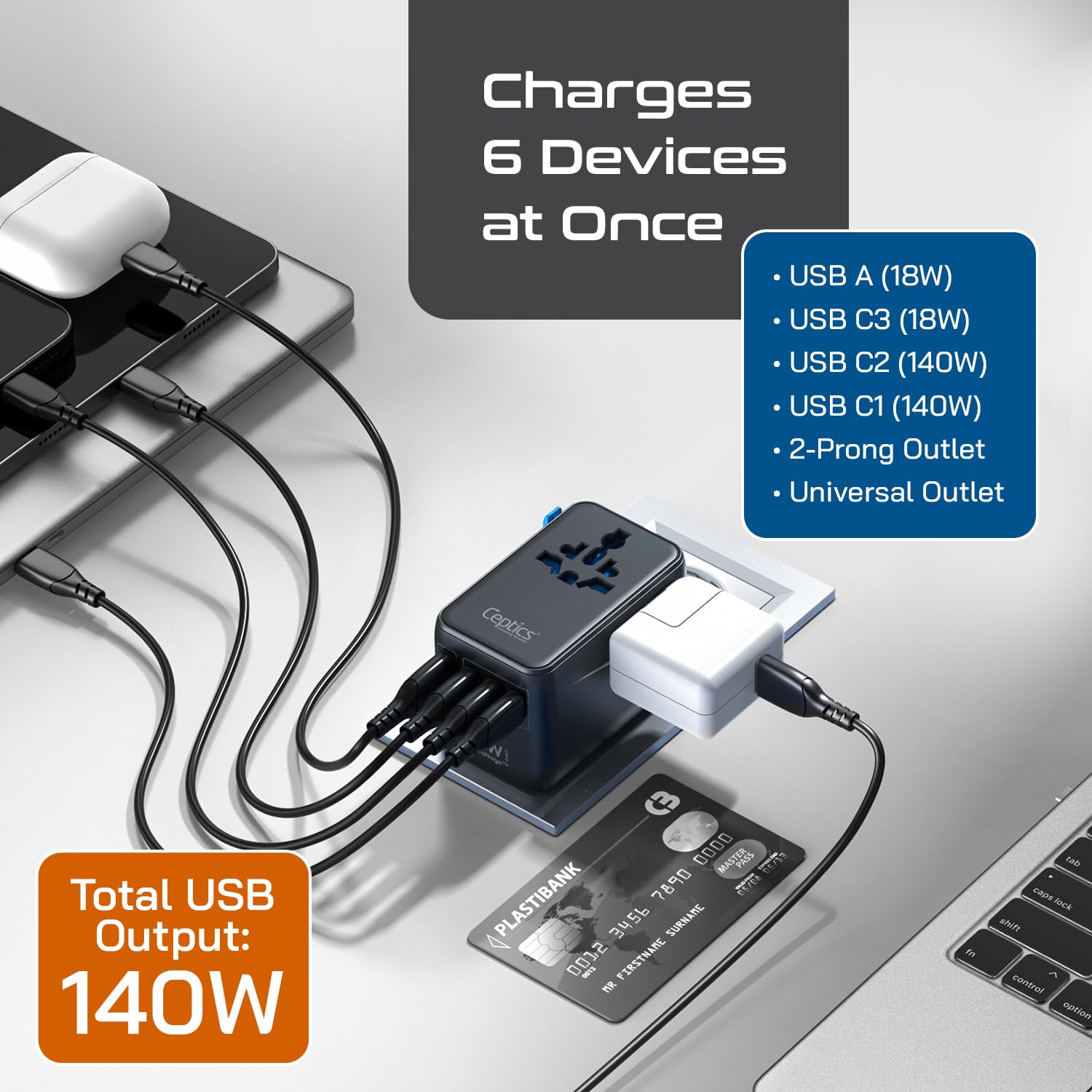 Ceptics Adattatore di alimentazione internazionale 6 in 1 con PD 140 W USB-C, 1 porta USB-A, 3 x Tipo C, ingresso universale e 1 ingresso USA/JP con prese di tipo A, C, G, I per viaggi internazionali