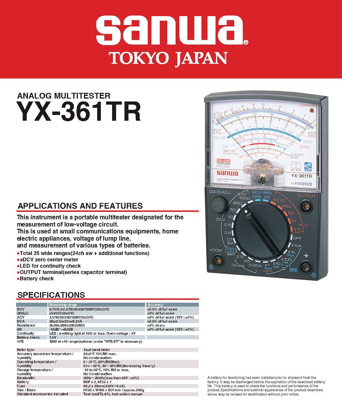 Japan SANWA YX-361TR YX361TR Analog Multimeter, Pointer Multi-Function/Multi-Range Multimeter On-Off Check/Battery Check(YX361TR)