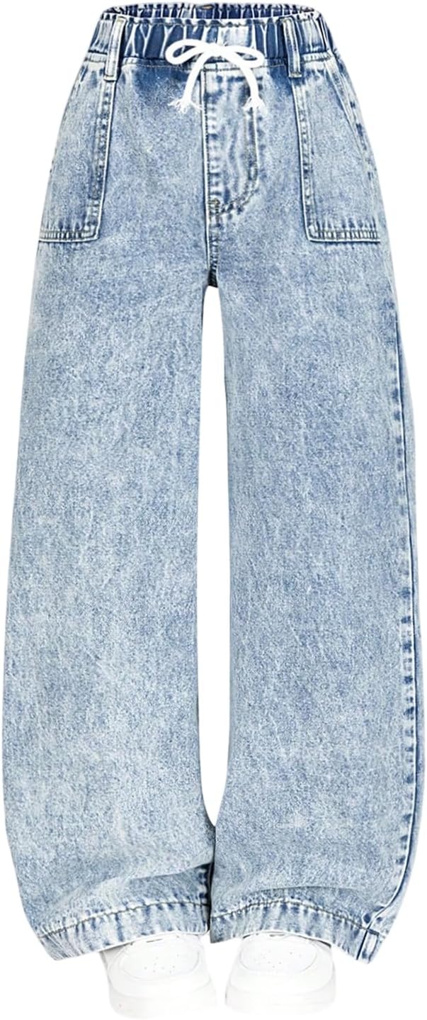 Verdusa Jeans for Girls Baggy Wide Leg Cute Bow High Elastic Waisted Denim Pants Y2K Streetwear with Pockets