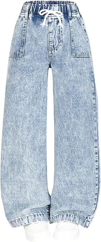 Jeans for Girls Baggy Wide Leg Cute Bow High Elastic Waisted Denim Pants Y2K Streetwear with Pockets