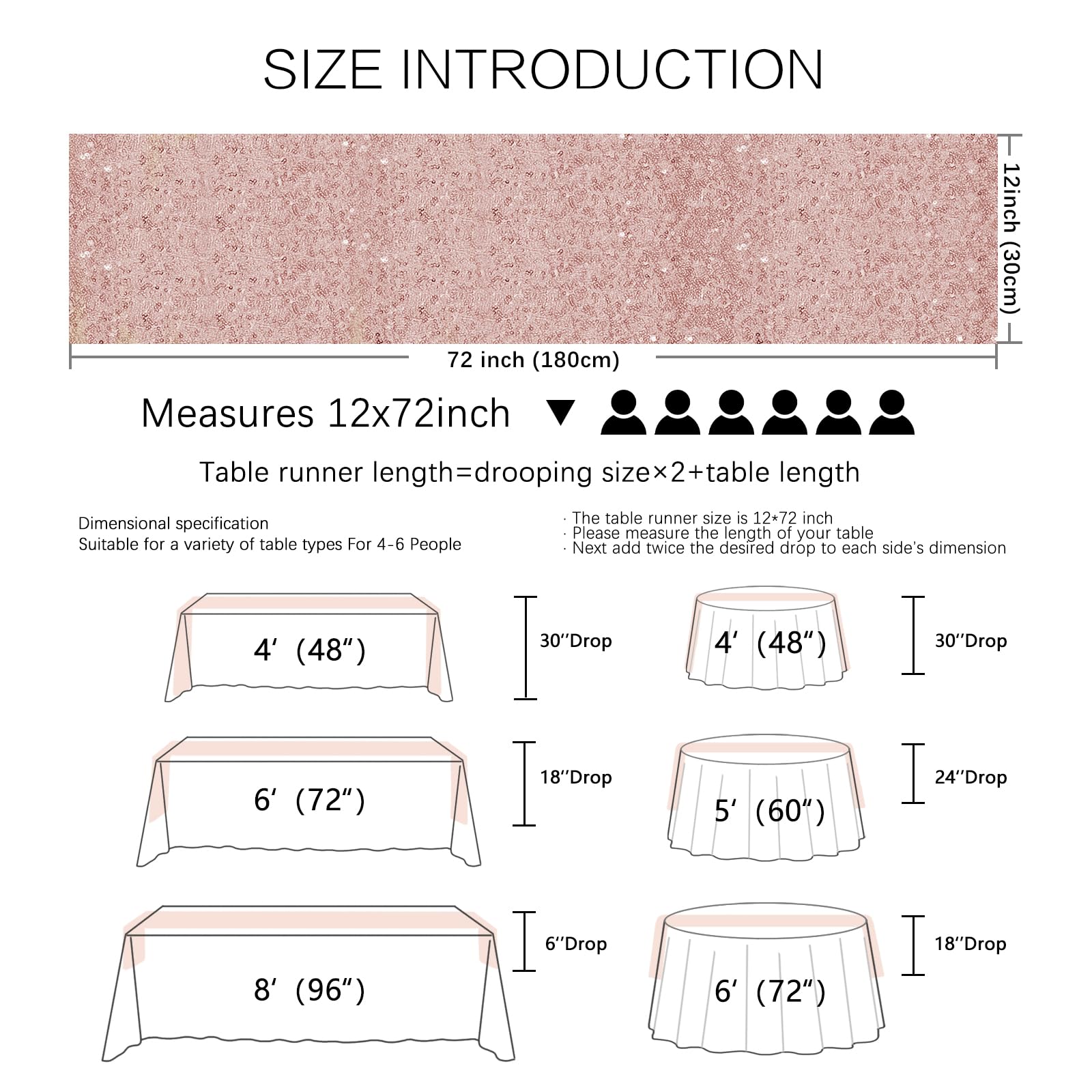 Bieżnik na stół z cekinami 183 cm długi świąteczny brokatowy bieżnik na stół na imprezę, ślub, baby shower, dekoracje imprezowe, opakowanie 10 sztuk, 30 x 183 cm długości, różowe złoto