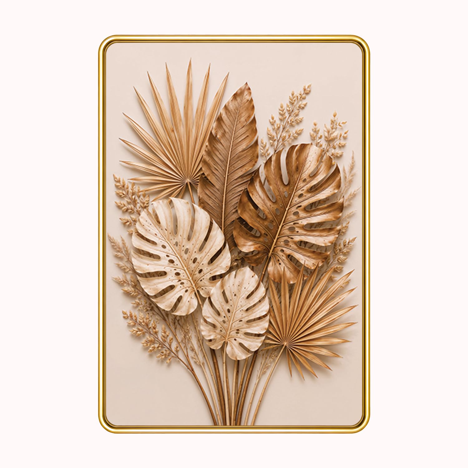 Botanical Leaf Wall Art | Premium Neutral Beige Tropical Leaves Sparkle Style Wall Decor | Modern Boho Nature Artwork for Living Room, Bedroom, Office | Golden Slim Photo Frame | 16 x 24 Inch-image-2