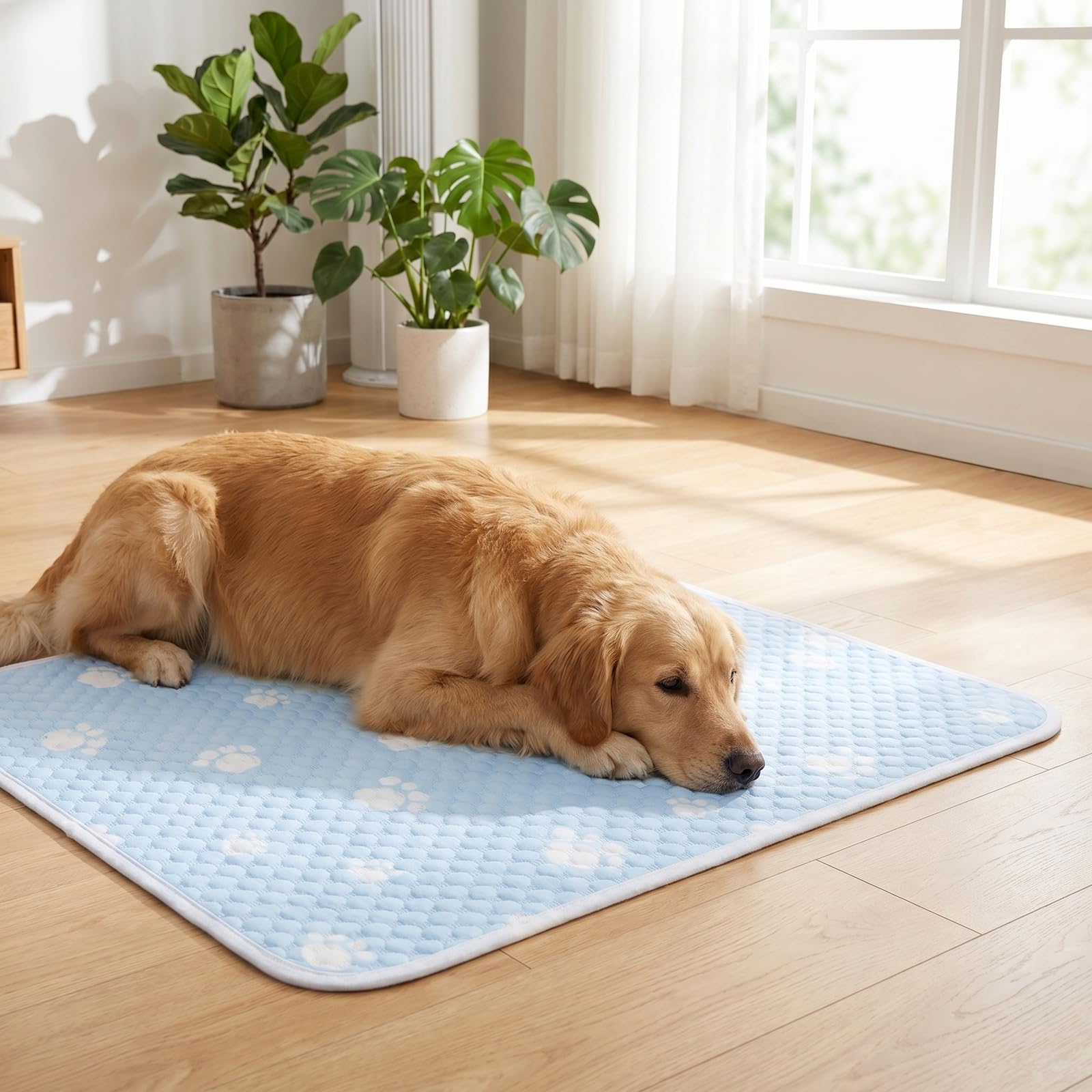 Cama Perro Verano, 70x55 cm Alfombra Perro Refrescante, Manta Gato Transpirable y Absorbente, Cojin Perro Antideslizante para Interiores y Exteriores (Azul)