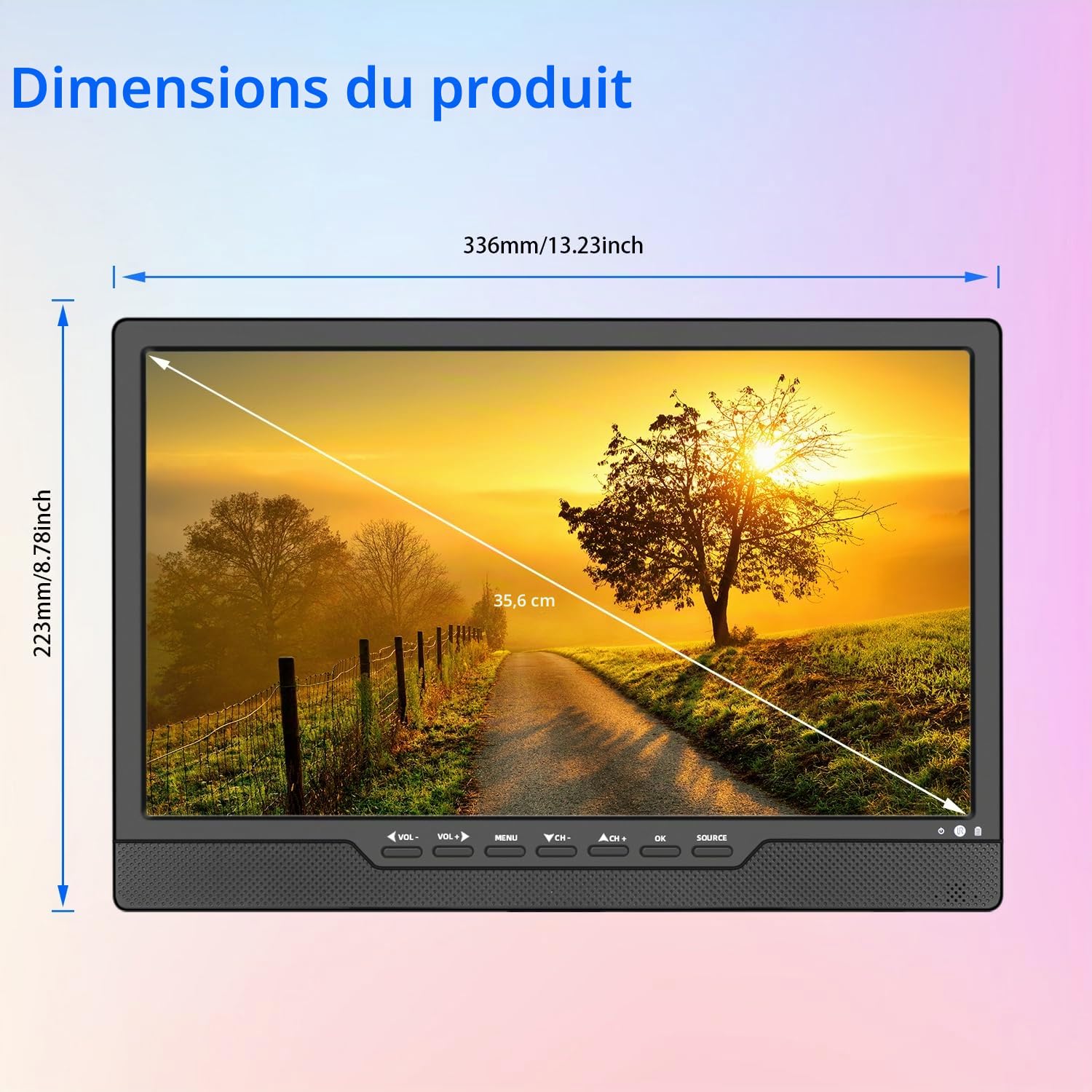 SOYAR TV numérique Portable DVB-T2, LCD 14,0 Pouces, Batterie Rechargeable, Mini TV freeview, Prise USB, télécommande, entrée AV, HDMI-in.