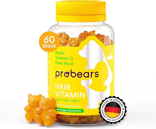 Probears Biotin (B7) - Gomitas veganas para el crecimiento del cabello, 10.000 mcg, vitaminas esenciales A, B5, B6, B12, C, D2, E para la prevención