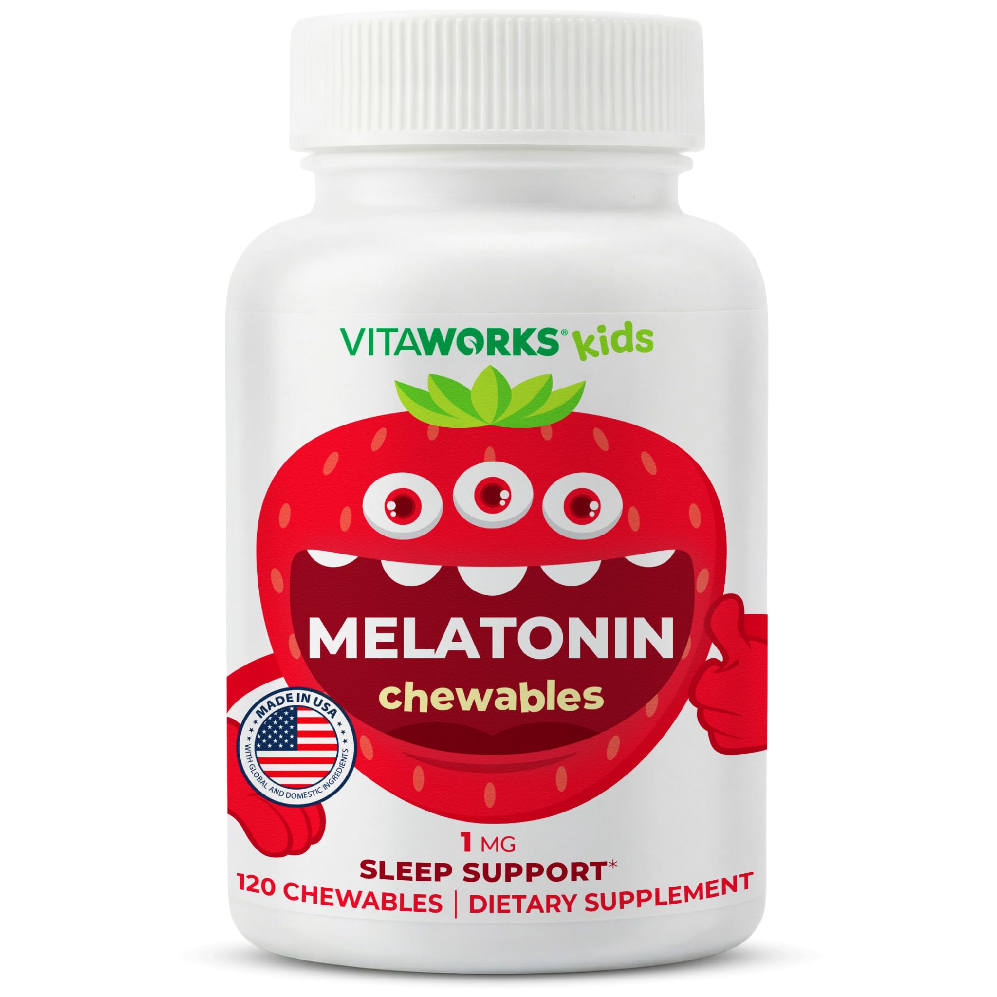 Kids Melatonin 1 mg Chewable with L theanine, Chamomile and Lemon Balm Extract Chewable Tablets - Natural Berry Flavor - for Help Falling and Staying Asleep - for Children - 120 Chewables