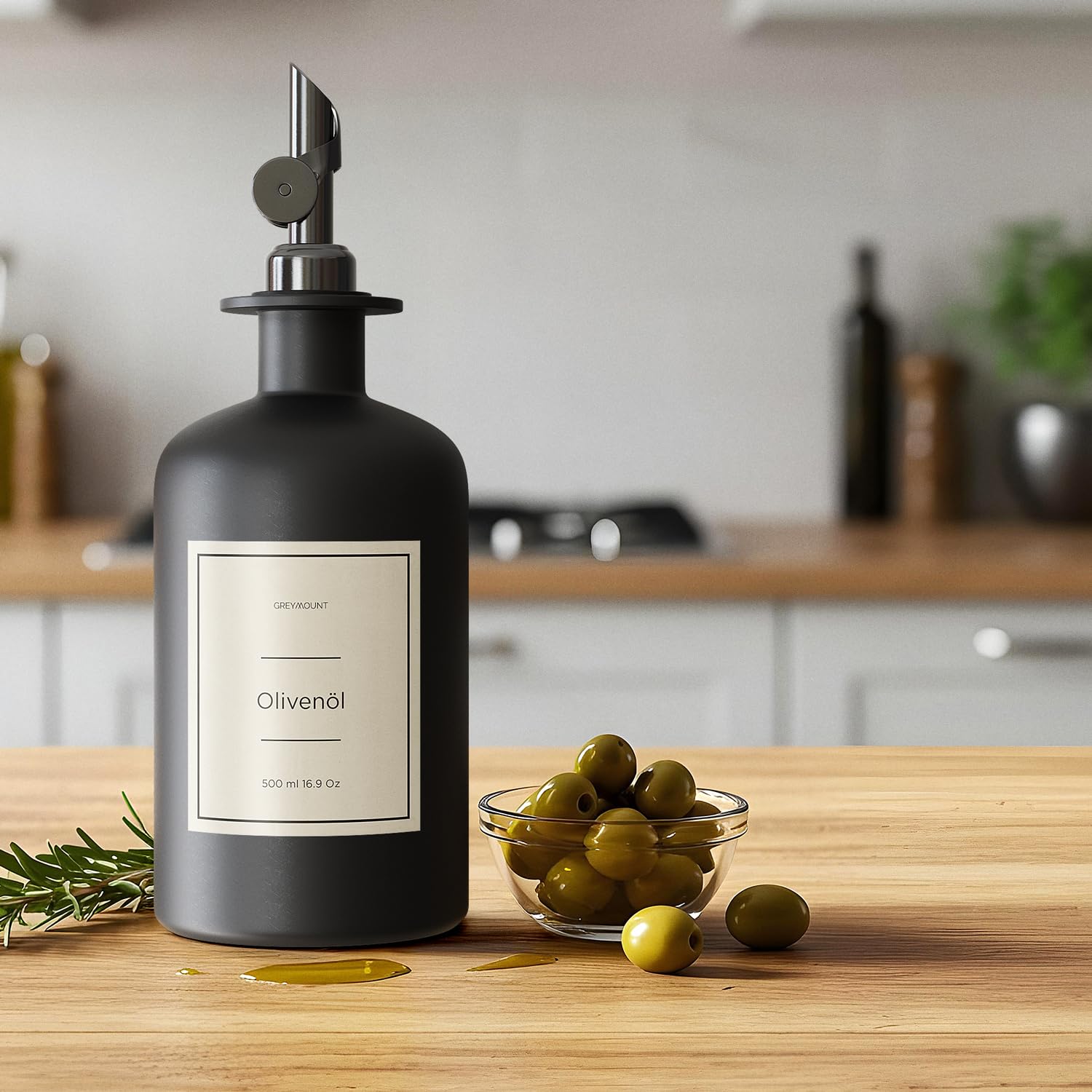 Lot de 2 bouteilles d'huile de vinaigre et d'huile - 500 ml - En verre - Avec bec verseur noir - Pour huile d'olive, vinaigre et plus encore - Parfait pour la cuisine, les salades et le