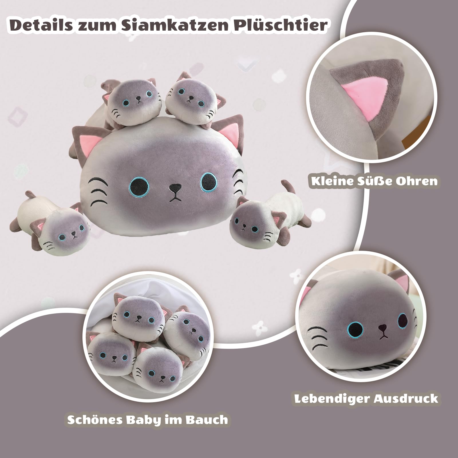 SQEQE Peluche a forma di gatto siamese con 4 bambini, simpatico peluche | Mamma gatto con 4 interni, set per la famiglia, materiale morbido, regalo unico per bambini e ragazze
