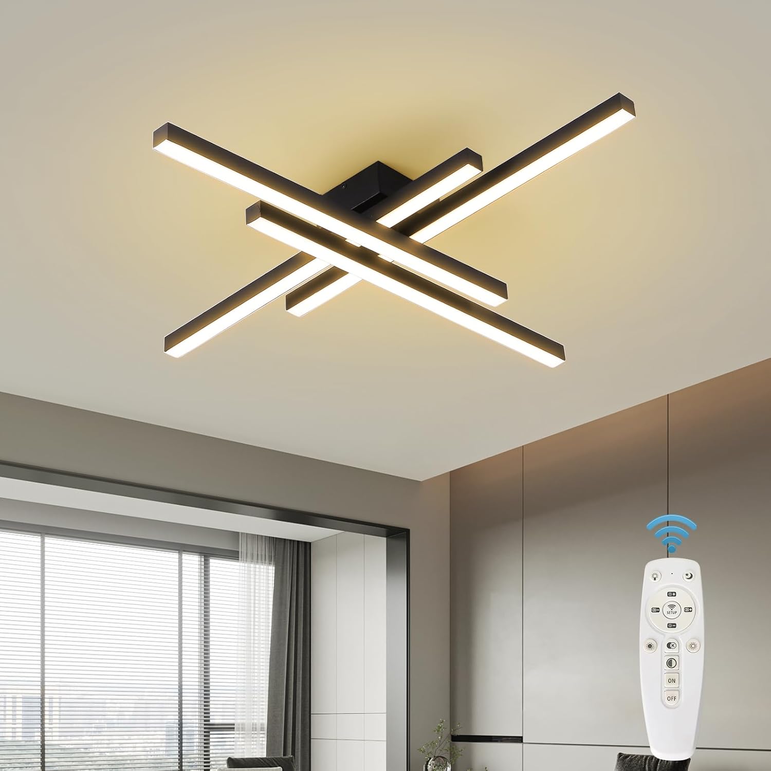 Modern Ceiling Light with Remote, 43.3" Black Sputnik Ceiling Lamp, Dimmable LED Lighting Fixture for Dining Room, Living Room, Kitchen Island Black 4 Lights