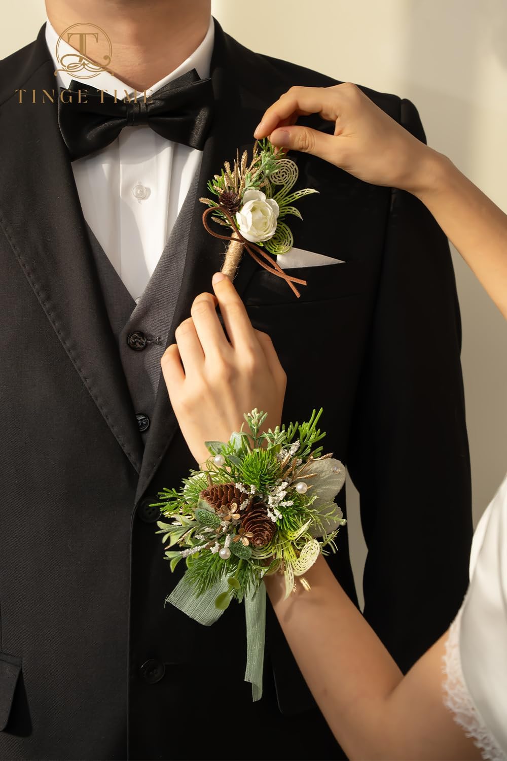 TINGE TIME Corsage and Boutonniere Set, Prom Flower Wrist Corsage Wristlet, Boutonniere for Men Wedding Flowers Accessories Prom Suit Decorations (White Ivory Greenery) - Image 3