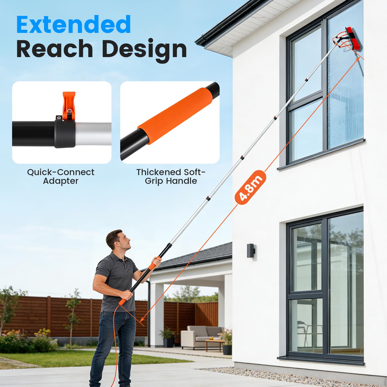 Teleskop Reinigungsset mit Wasserzufuhr, 4,8 m, 50 cm | Solarpanel Reiniger & Fensterreiniger, 180° drehbar, mit Seifenspender & Glasabzieher, Alu-Teleskopstange, 6,5 m Schlauch