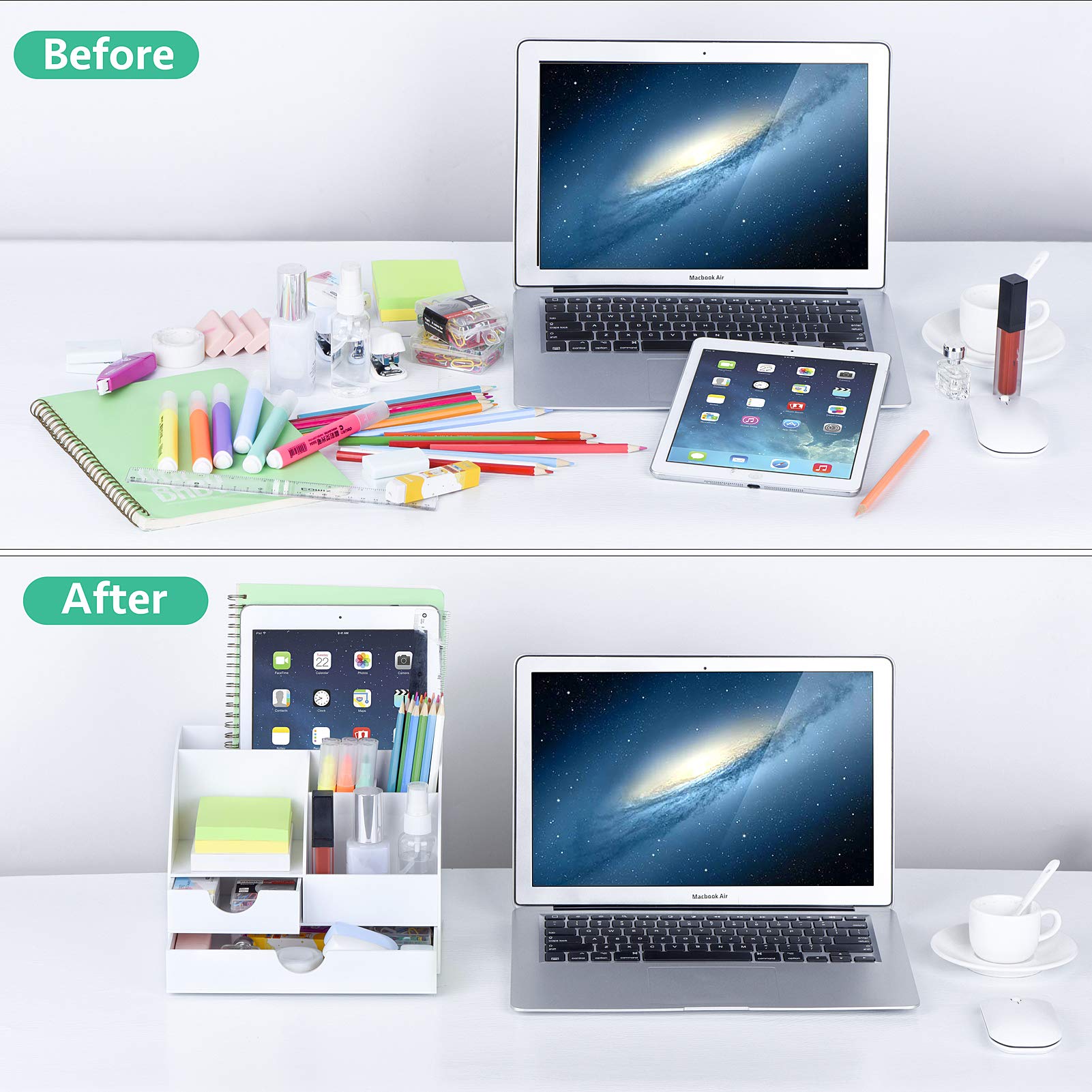 Upgraded Acrylic Desk Organizer, All in One Office Supplies Accessories with 2 Drawers for Home/Office/Makeup Desktop Organization & Decor, White 1