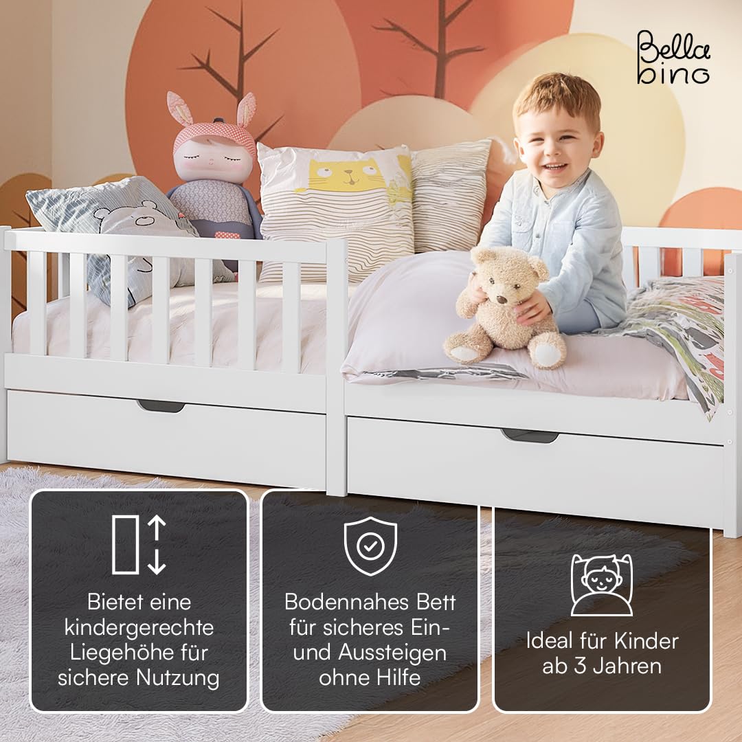 Bellabino Vere Kinderbett 90x200 cm – Montessori Bett mit Rausfallschutz, Lattenrost & 2 Schubladen– Massives Kinder Bett für Jungen & Mädchen aus Holz Kiefer – Kleinkindbett in Weiß mit Stauraum