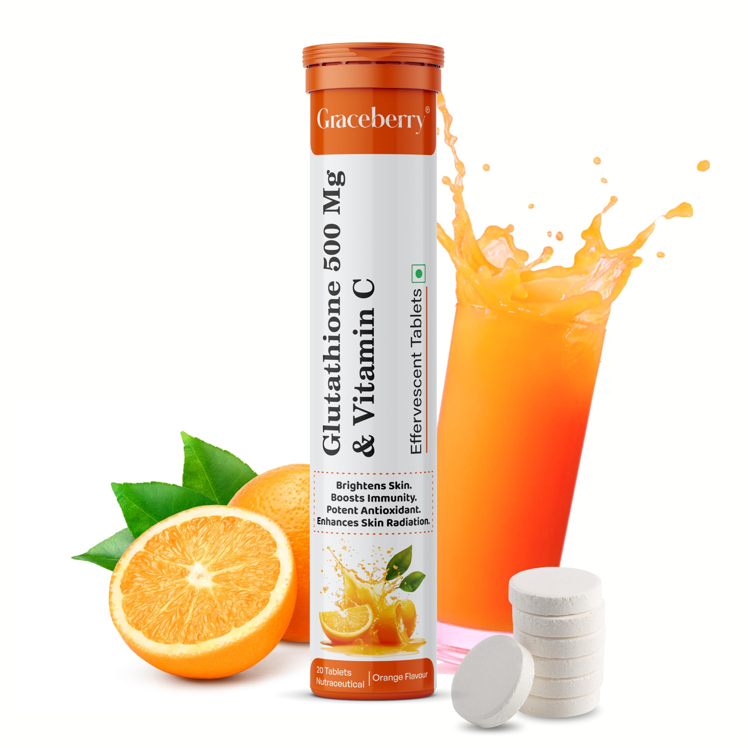 Graceberry Glutathione Tablets for Glowing Skin | 20 Effervescent Tablets with L-Glutathione & Vitamin C | Sugar-free Antioxidant & Skin Glow Supplement for Skin Radiance | Orange (Pack of 1)-picture-12