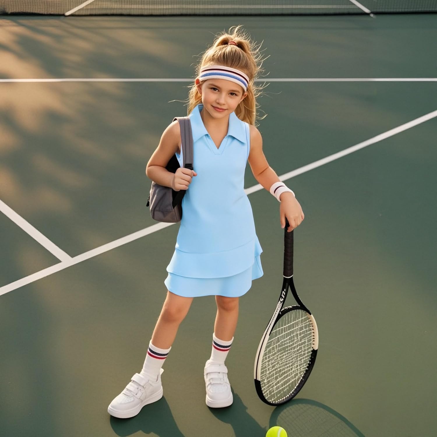 Girls Tennis Dress Sleeveless Golf Outfit V Neck Athletic Dresses with Built-in Shorts and Pockets
