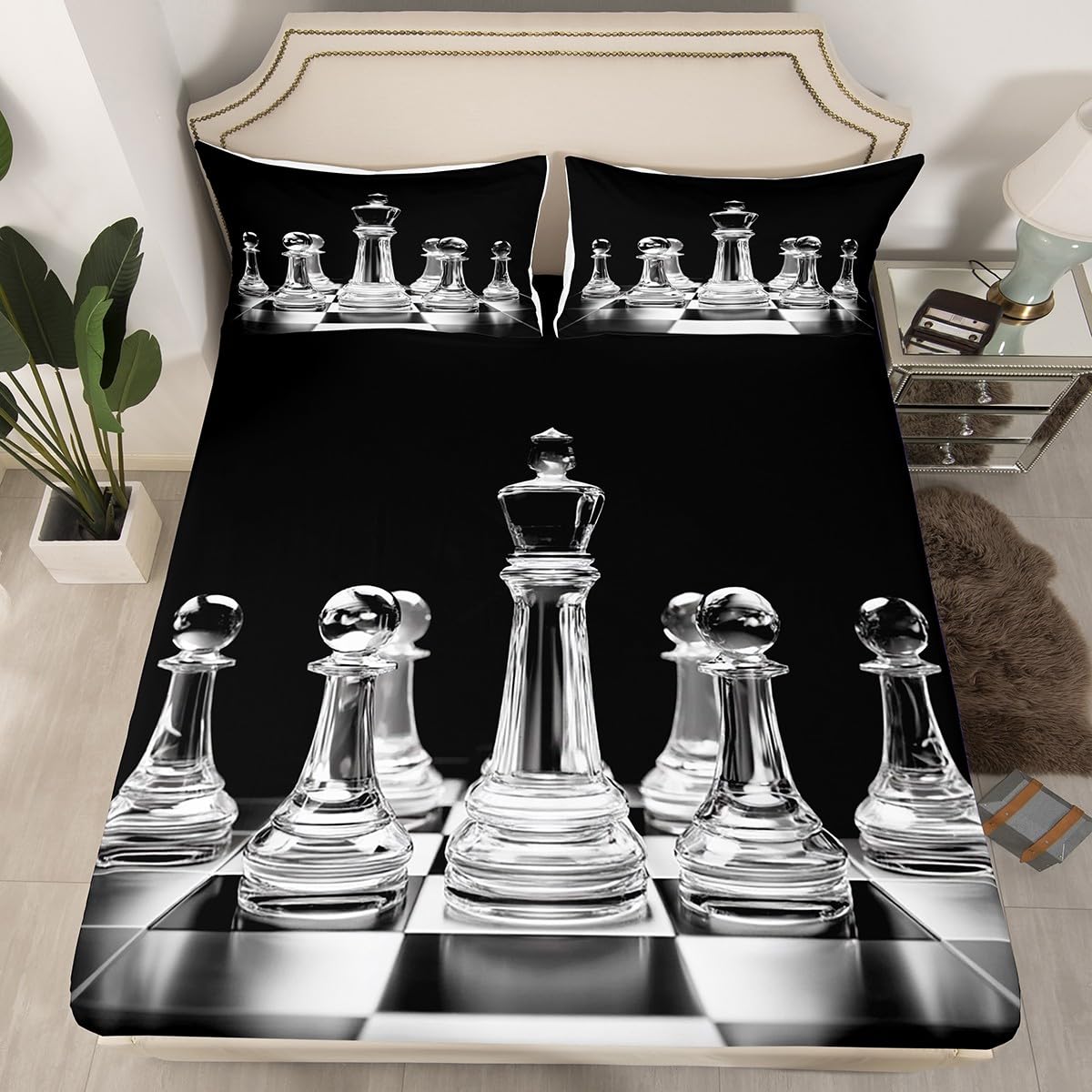 Erosebridal International Chess Fitted Sheet for Boys Teens Men,Board Game Fitted Bed Sheets Twin Size,Geometric Checkerboard Bedding Sets Chess Piece