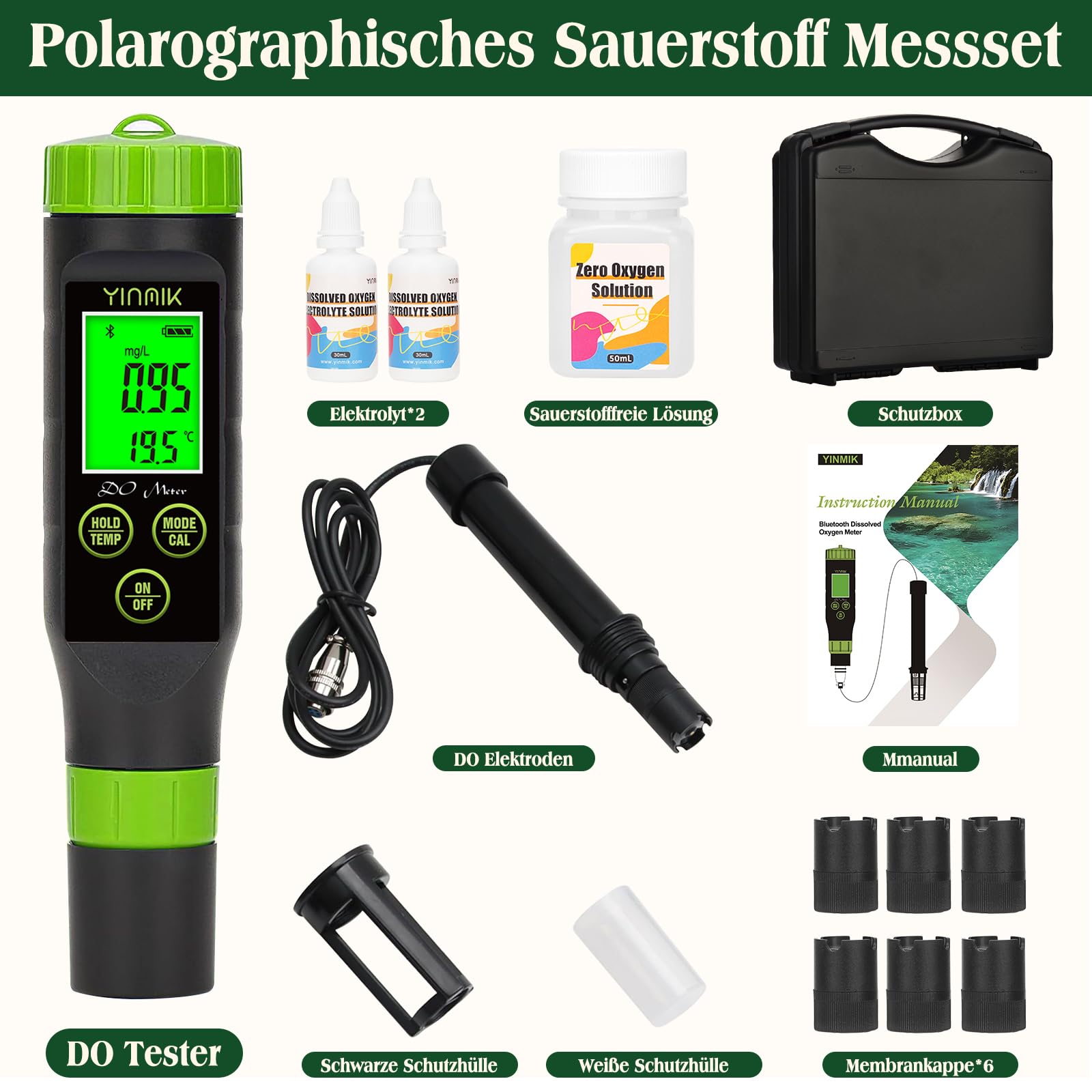 YINMIK Intelligentes Sauerstoff Messgerät Tragbares Sauerstoff Messgerät | Aquaponik Sauerstoff Test Set, Digitaler Sauerstoff Tester Wasser für Aquarium Fischbecken Hydrokultur Bierwürze Teiche