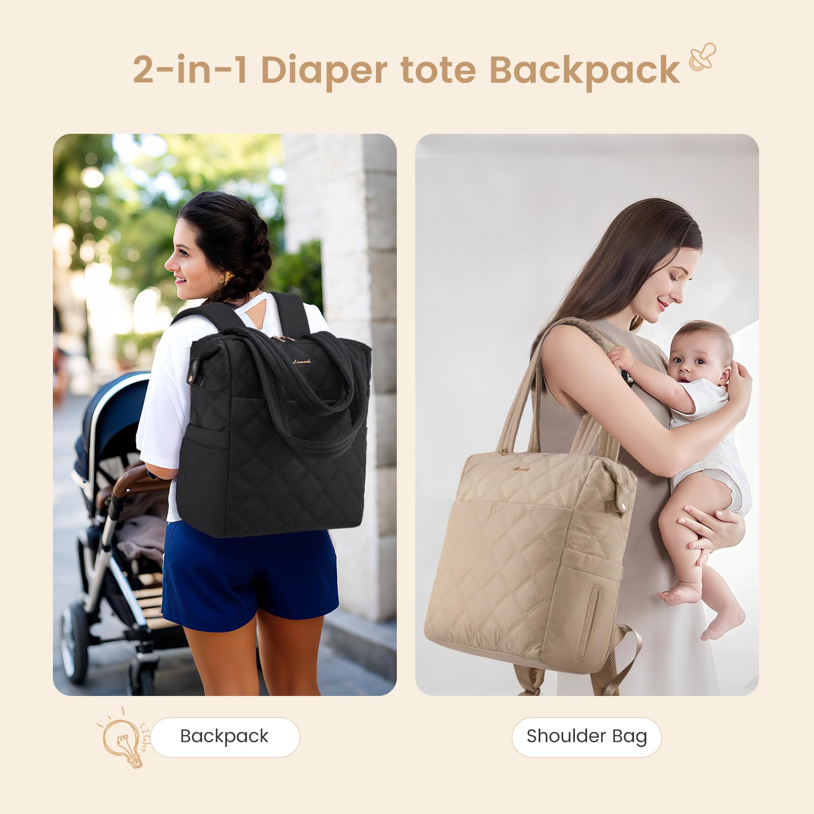 LOVEVOOK Borsa per pannolini, zaino con fasciatoio, convertibile per mamma, per neonati e ragazzi