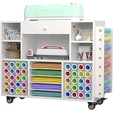 Rolling Craft Cart & Mobile Vinyl Roll Holder, Rolling Storage Organizer with Vinyl Roll Holder, Crafting Cabinet Workstation Tool Holder for Craft Room Home Office
