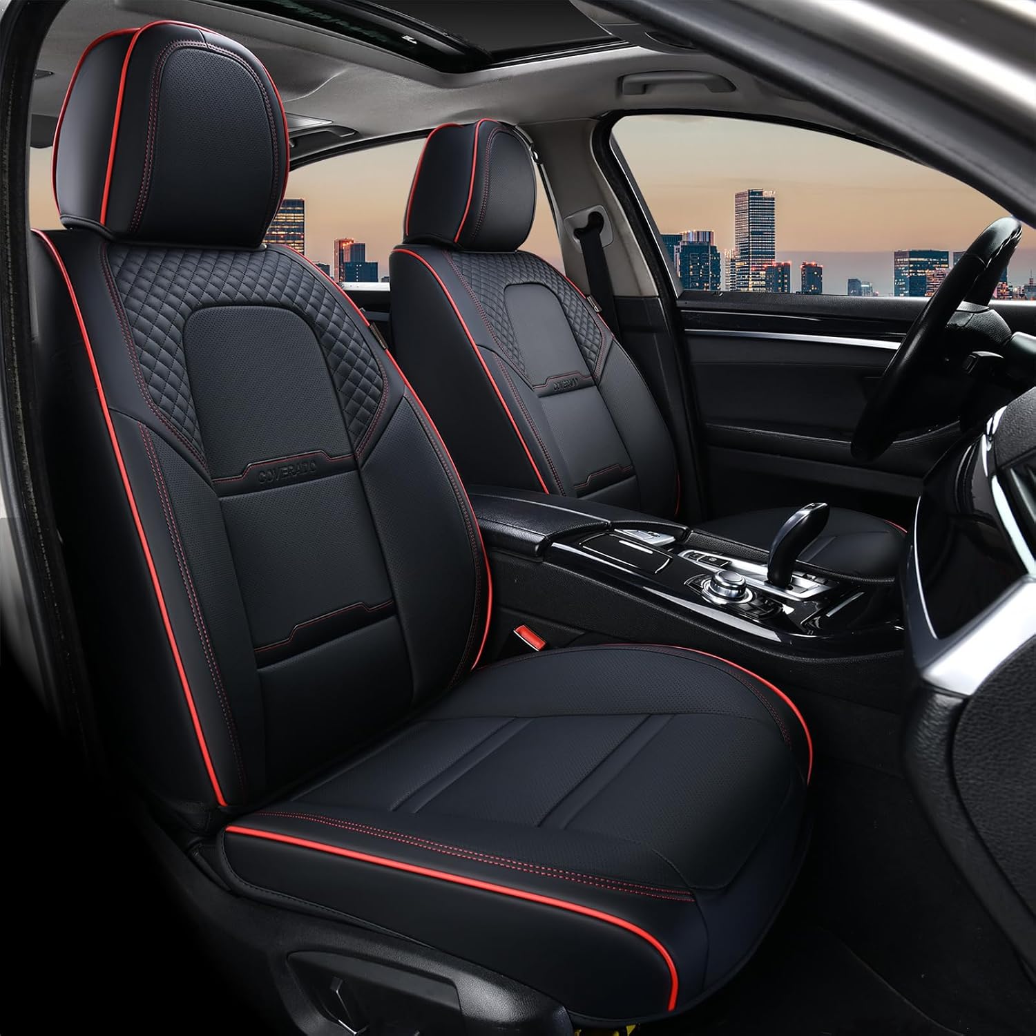 Coverado Car Seat Covers Front Seats, 2 Piece Car Seat Protector with Removable Headrest, Nappa Leather Breathable Front Side All Wrapped Universal Fit Truck Automotive Most Cars Black & Red