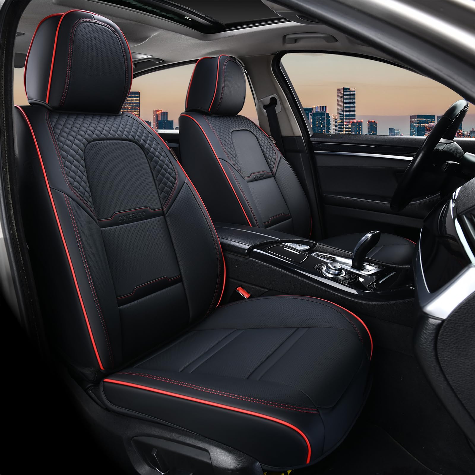 Coverado Car Seat Covers for Front Seats, 2 Pieces, with Removable Headrest, Nappa Leather, Breathable Front, All-round, Universal Fit, Truck, Automotive, Most Cars, Black and Red