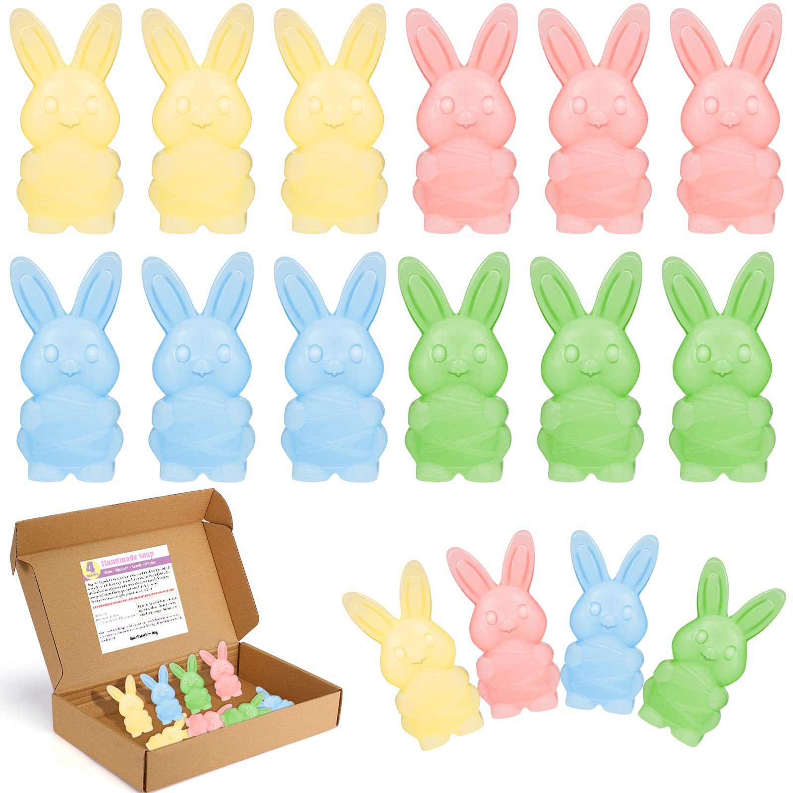 Photo 1 of 12 Pcs Bunny Rabbit Soap Gift Set Bunny Bath Soaps Basket Fillers Gift Soap Decorative for Baby Shower Birthday Party, Wild Bluebell, Freesia, Red Roses, Neroli 3apck