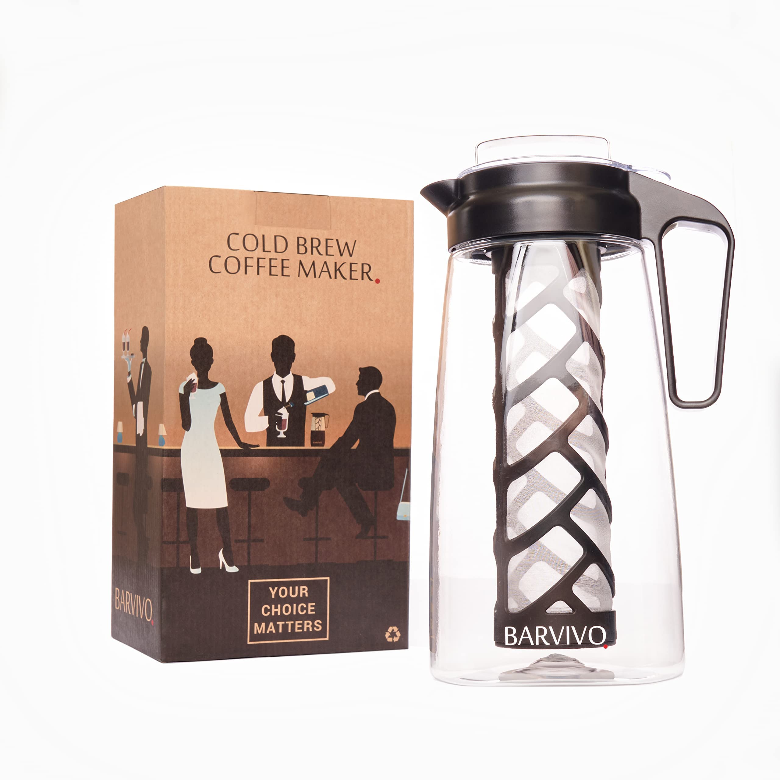 BarvivoCold Brew Coffee Maker - Iced Coffee Maker, Cold Brew Pitcher to Blend Roast and Brew the Perfect Morning Coffee - 67.63oz / 2.11quart / 2L - BPA-Free Plastic