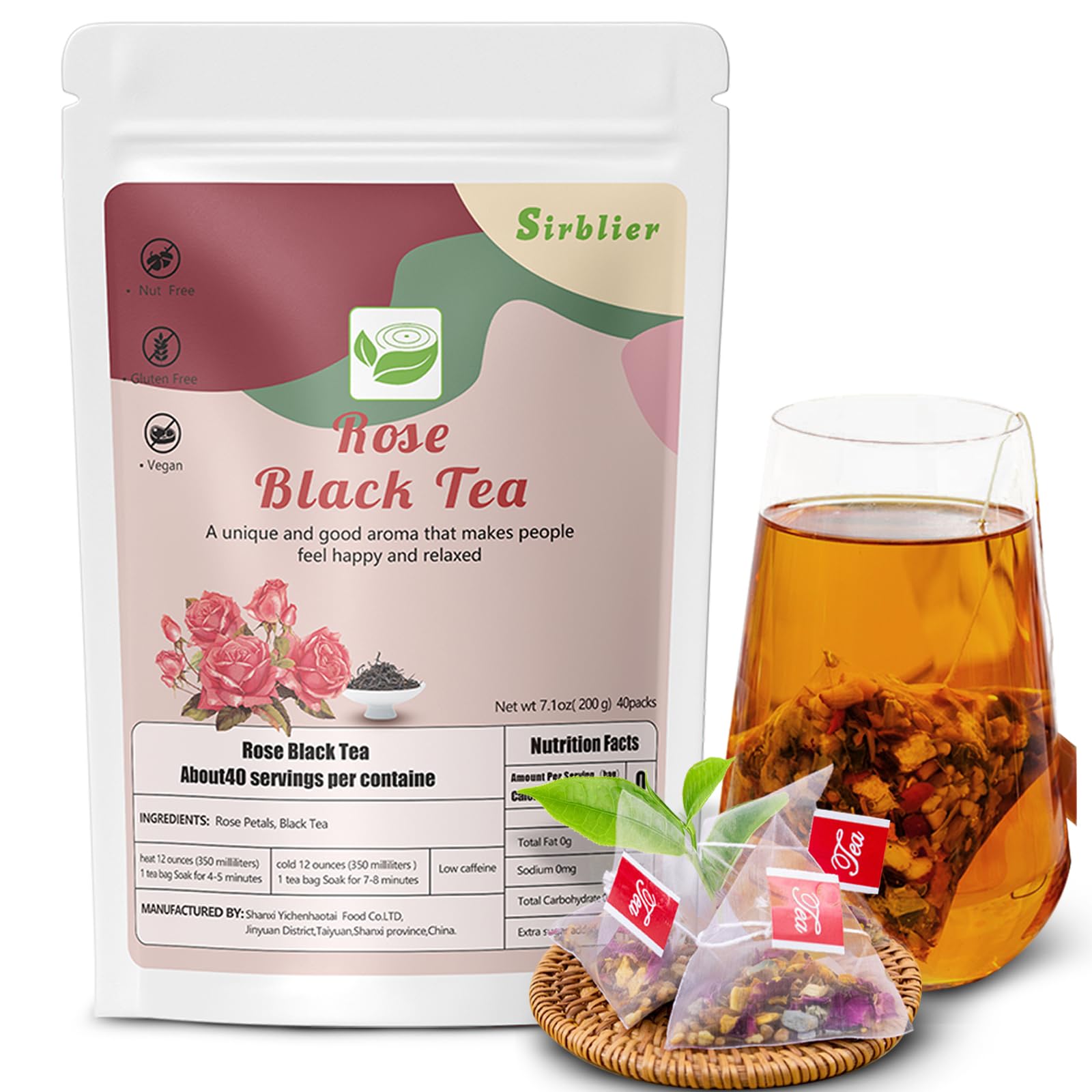 Rose Black Tea Bags Pyramid 40 count/Pack - So Delicious Unsweetened Chinese Instant Flower Tea for Women/Men