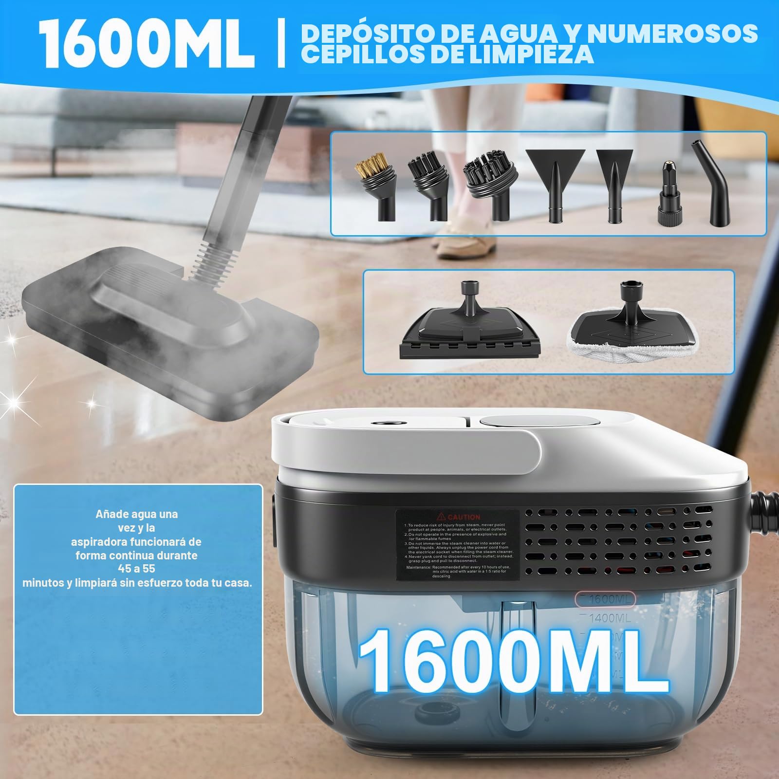 Limpiador de vapor manual, 2500 W, limpiador de vapor para todo con 15 accesorios, presión de vapor de 4,5 bar, depósito de 1600 ml, portátil para ventanas, cocina, suelo, coche