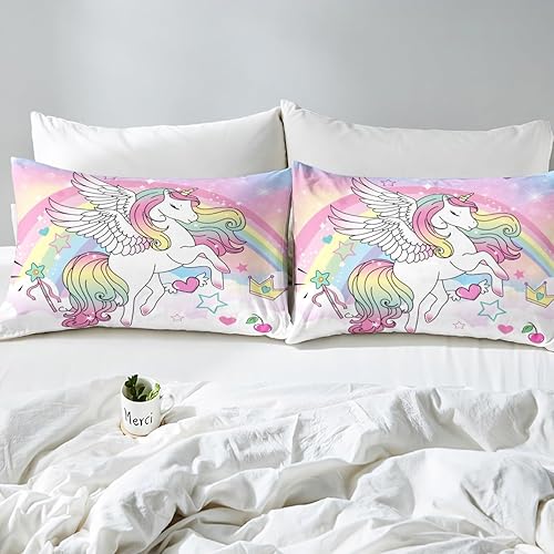 Miniatura 5 de Juego de sábanas bajeras de unicornio arcoíris, tamaño Queen, juego de ropa de cama de caballo de dibujos animados, juego de sábanas con purpurina