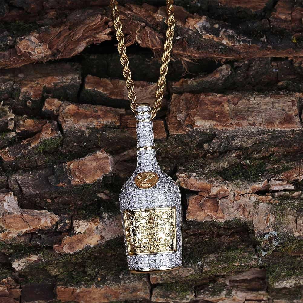 14K Iced Out Necklace for Men - Whiskey Bottle Pendant Whiskey Bottle Hip Hop Pendant - Copper Micro Inlaid Zircon with 24in Rope Chain