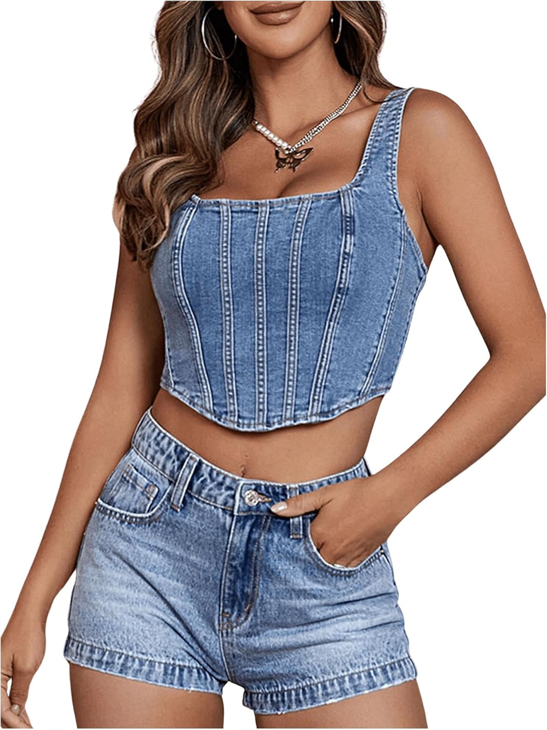 Floerns Women's Square Neck Sleeveless Corset Denim Top Asymmetrical Hem Zip Up Back Crop Tank Top