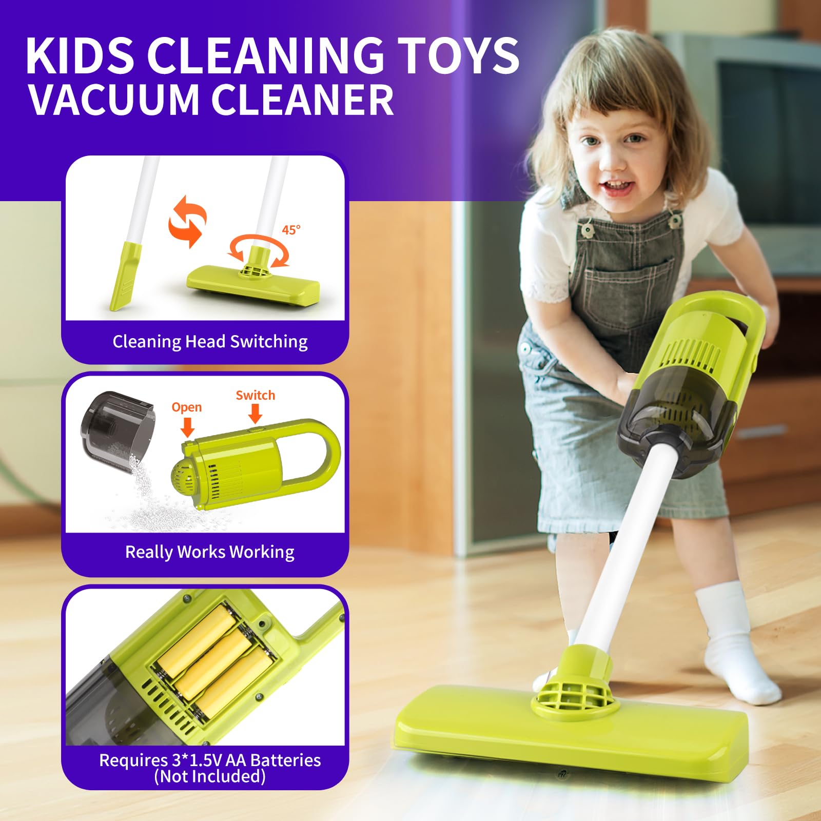 PUPU PIG Toddler Toys Cleaning Set, Kids Cleaning Toy Set, Pretend Play Home Cleaning Playset - Incl.Electric Toy Vacuum, Broom and Dustpan Set, Mop,Duster and More,Cleaning Tools Toys for Boys Girls