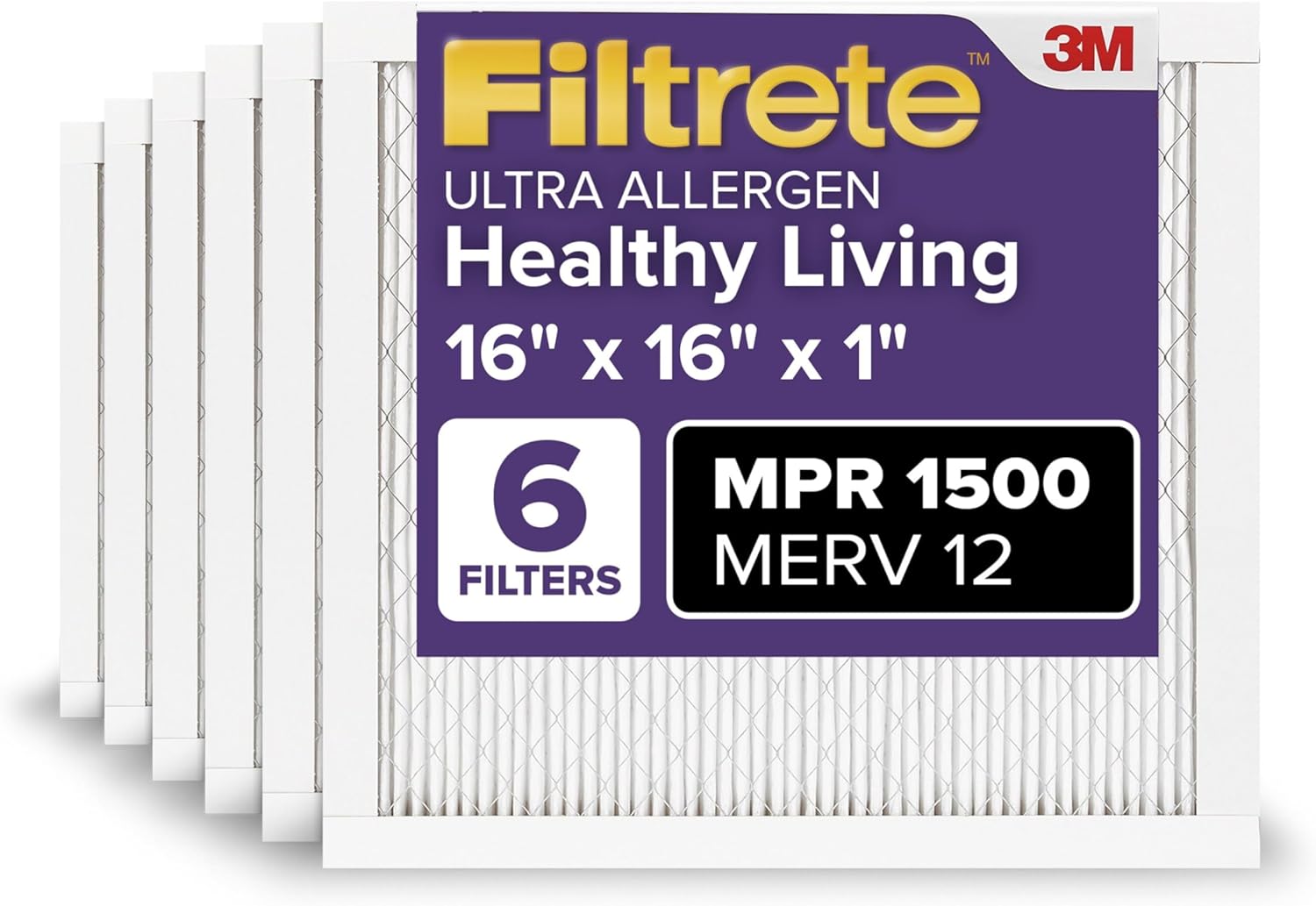 Filtrete 16x16x1 AC Furnace Air Filter, MERV 12, MPR 1500, CERTIFIED asthma & allergy friendly, 3 Month Pleated 1-Inch Electrostatic Air Cleaning Filter, 6-Pack (Actual Size 15.81x15.81x0.78 in)