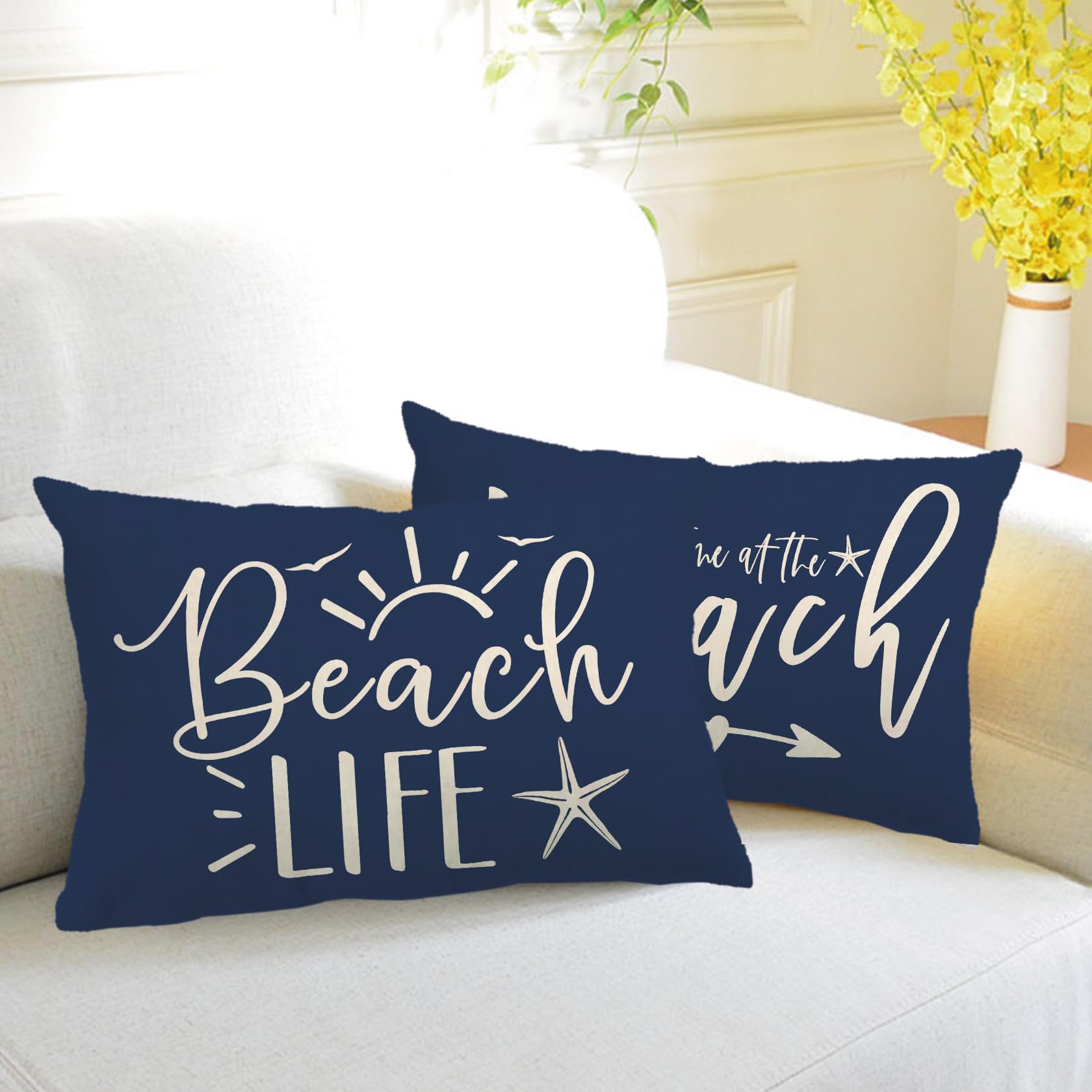 7COLORROOM 2Pack Beach Style Pillow Covers Double-Sided Printed Navy Blue Beach Life Starfish Summer Decor Rectangular/Waist Cushion Cover Ocean Theme Coastal Home Decor Pillowcases 12”×20” (Blue) 1