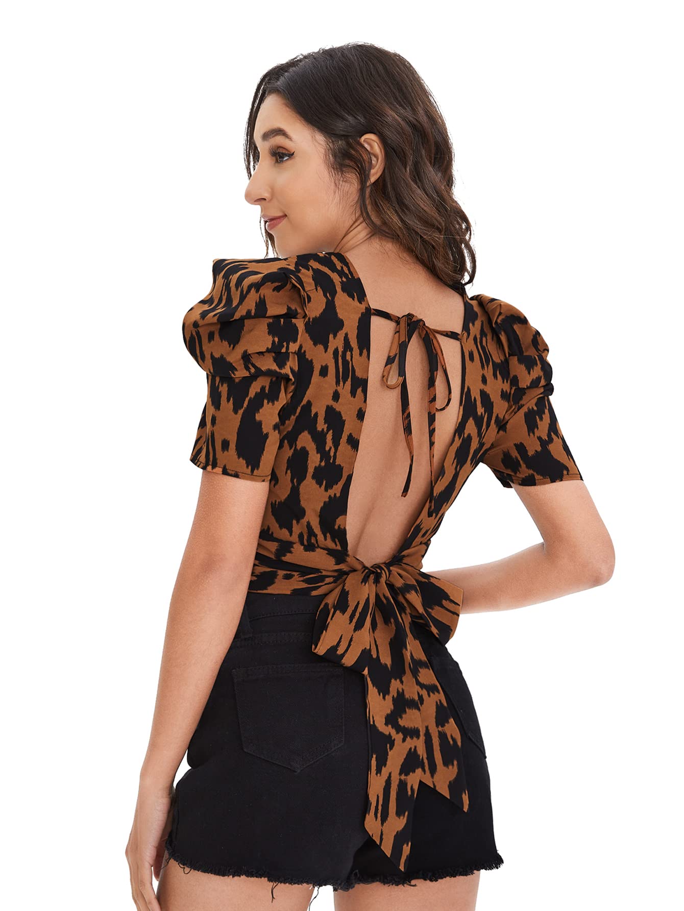 SweatyRocksWomen's Backless Puff Sleeve Crop Top Basic Printed Tie Back Blouse Tops