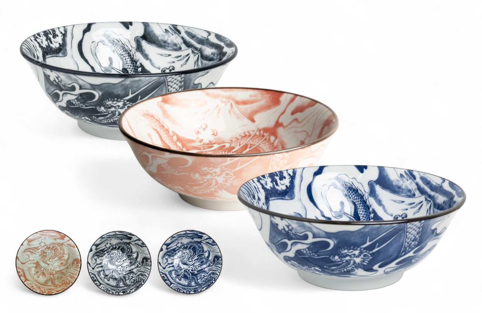 Japan-Bowls Drachengott Edition – Große Ramen Bowls Ø 20,5 cm | Porzellan-Schalen 3er-Set – Hochwertige asiatische Schüsseln für Ramen, Udon, Reis & Suppen (Drachengott 3er Mix-Set)