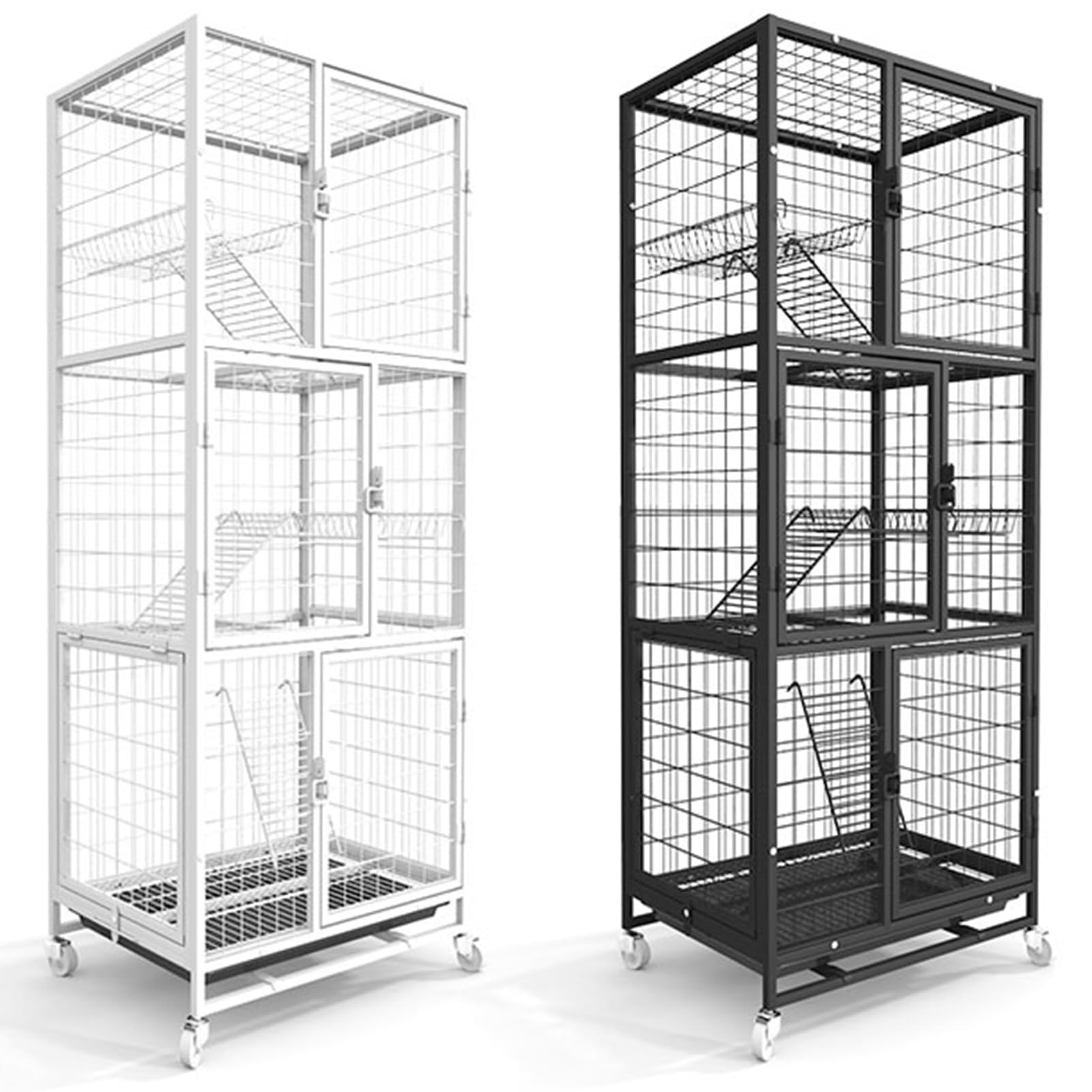 Recinto per Gatti Catio da Esterno, recinto per Gatti da Balcone con Piattaforme, Gabbia per Gatti da Interno/Esterno con Ampio Spazio e Ruote, Vassoio Estraibile, Cuccia per Gatti Chiusa mu