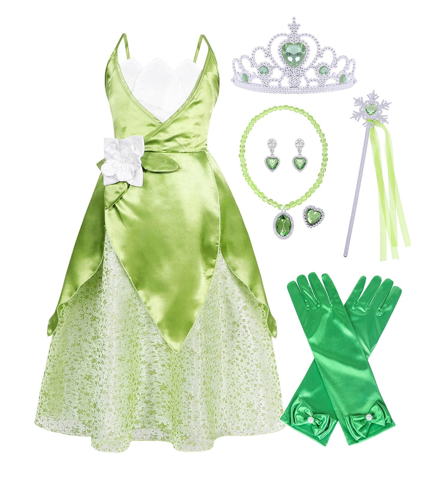 Azonee Princess Tiana Dress Set for Girls Halloween Cosplay Costume Dress Up, Crown Gloves Earrings Necklace Ring Magic Wand Kids Birthday Party Outfits Clothes (130cm)