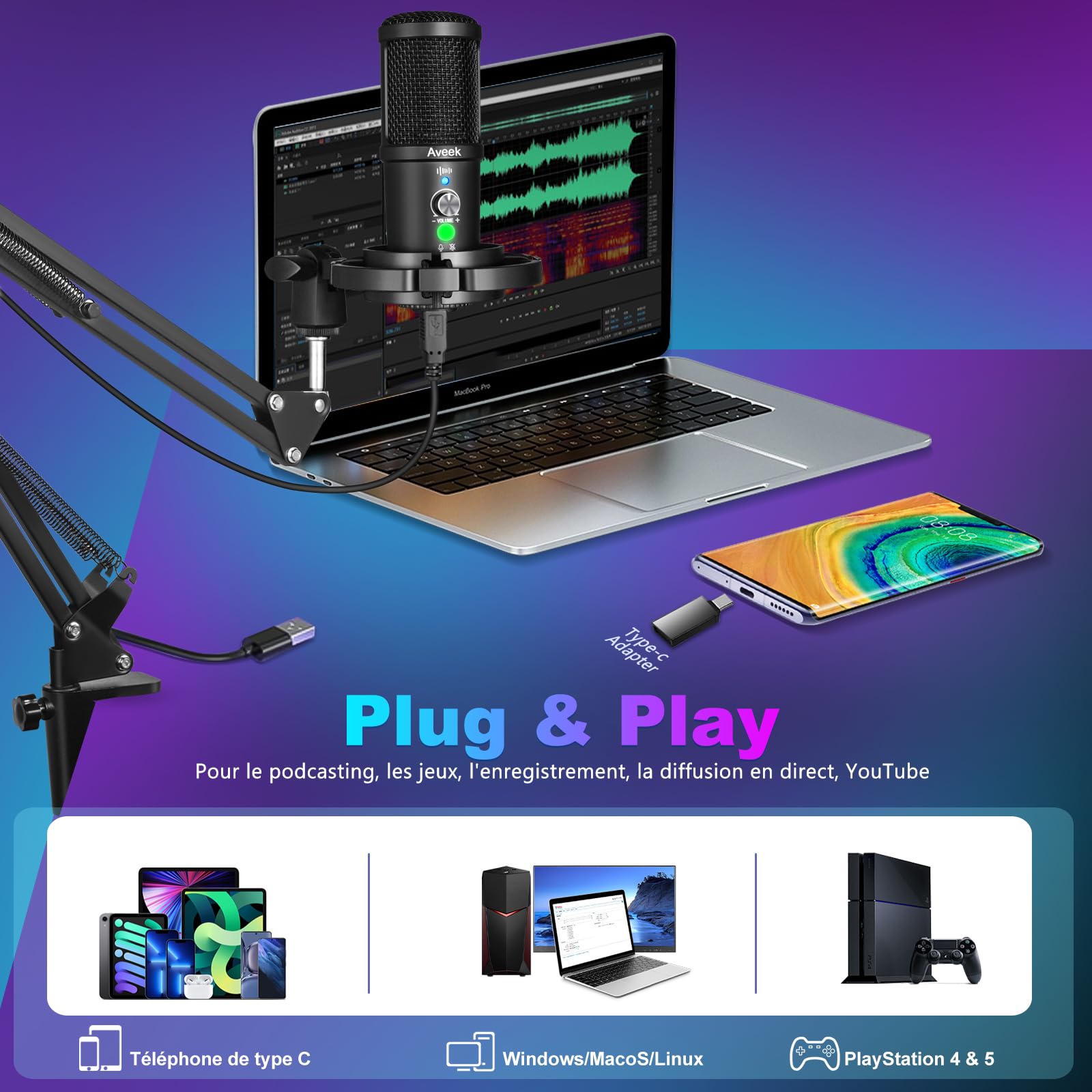 Aveek Micro USB à Condensateur avec Bras Articulé - Qualité Studio, Muet, Réduction de Bruit, Plug & Play pour Podcast, Streaming, Jeu, Youtube, Compatible PC, Mac, PS5, Téléphone USB-C