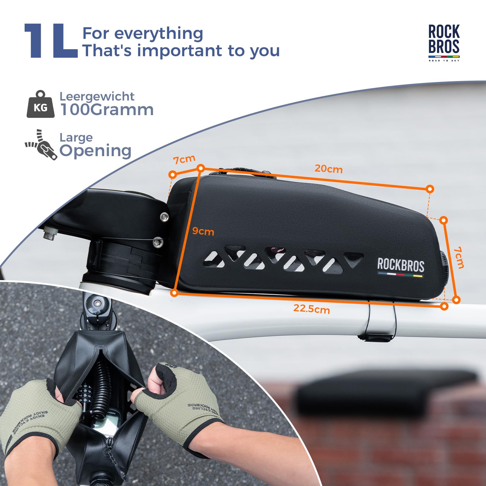 ROCKBROS Road to Sky Bolsa de Cuadro de Bicicleta Impermeable, Bolsa de Tubo Superior de Gran Capacidad, Bolsa Manillar para Bicicleta Montaña Carretera Negro MTB