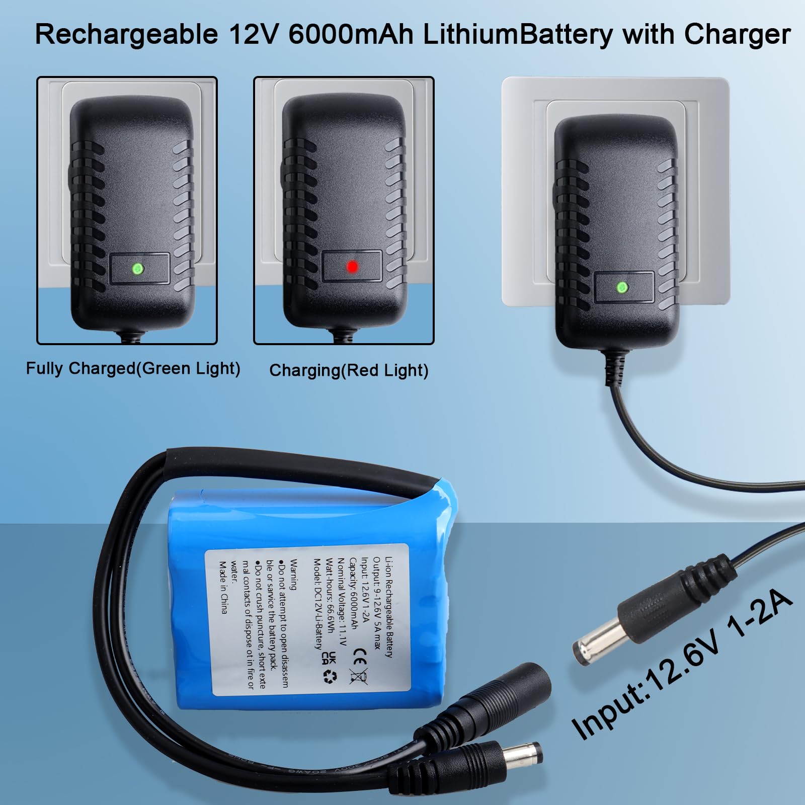 6000mAh 12V Wiederaufladbarer Lithium-Ionen-Akku, Geeignet für Kamera, MP3-Player, Camcorder, Elektronische Keyboard, CCTV-Kamera, Router, Solar Panel, usw. (Inklusive Ladegerät und Steckverbinder)