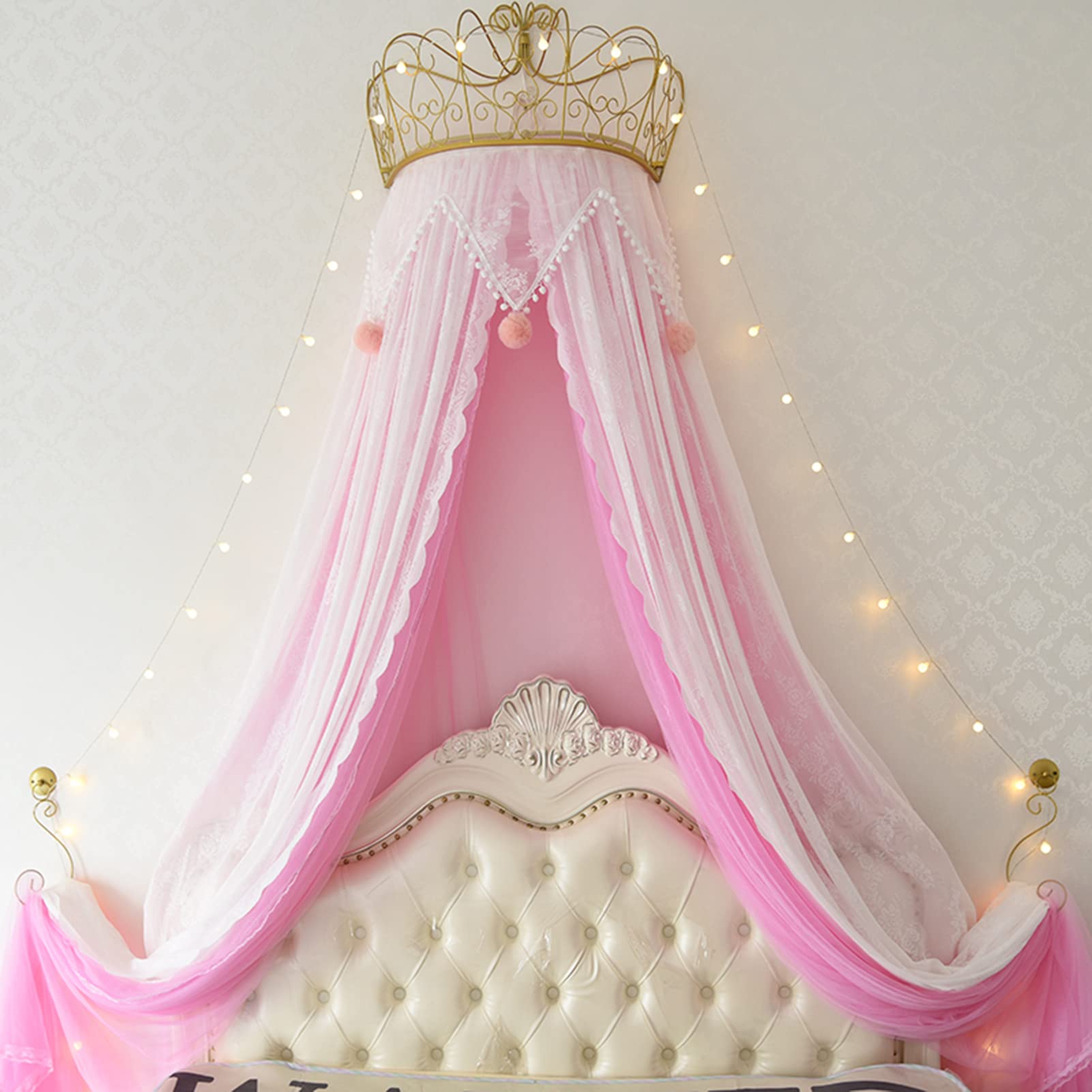 Princess Bed Curtain with Pink Fur Ball and Lights, Lace Metal Crown Bed Canopy, Kids Play House Princess Tent, Romantic Gifts for Your Daughter