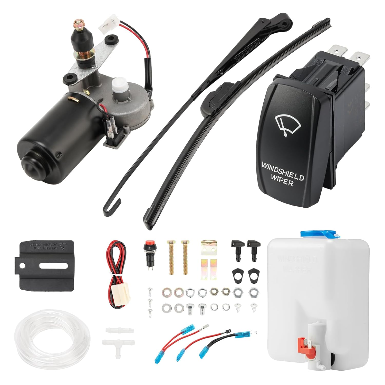 Oumurs 12V Electric UTV Windshield Wiper Kit, Universal Window Washer Pump with Windshield Wiper Motor Compatible with Golf Cart Polaris Ranger RZR General Can Am X3 Defender