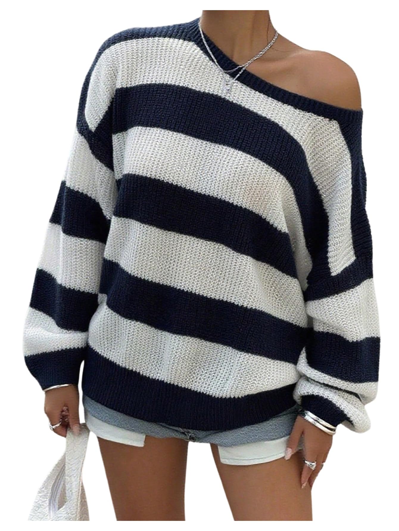 SweatyRocks Womens Oversized Sweaters One Shoulder Long Sleeve Striped Cute Sweaters Knitwear Clothes