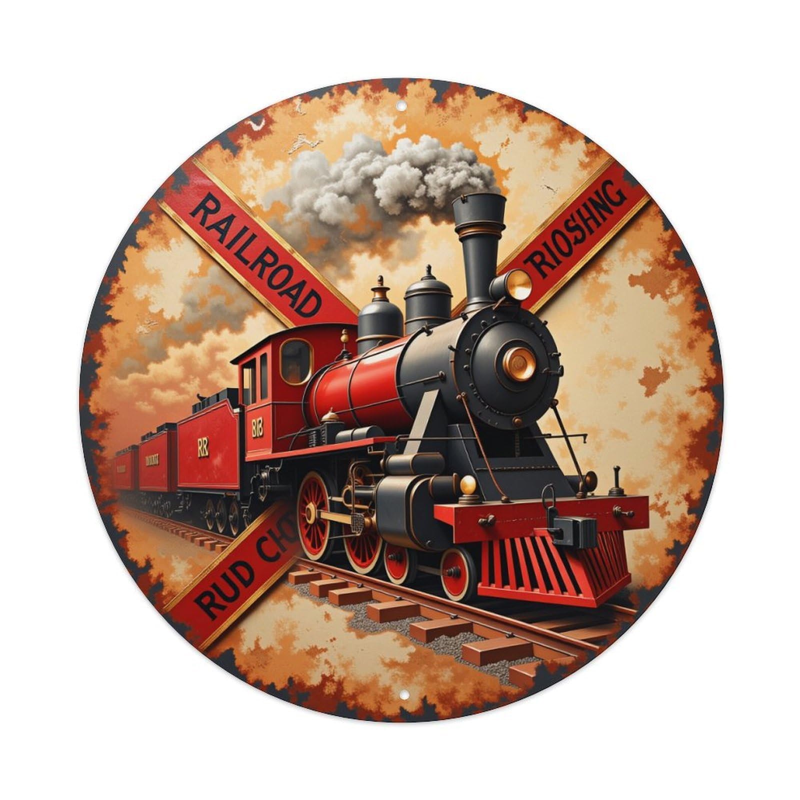Steam Engine Railroad Crossing Sign Round Tin Sign Retro Metal Sign for Cafe Bar Pub Home Game Room Gym Club Wall Decoration Vintage Metal Poster 8x8 Inch